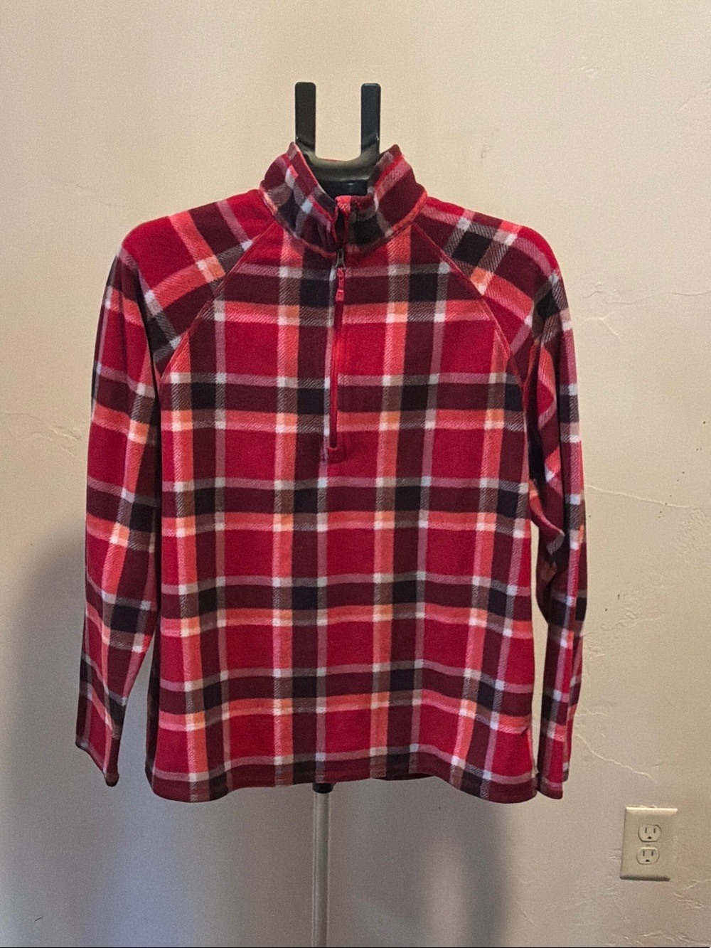 Eddie Bauer Red Plaid Zip-Up Fleece Sweater